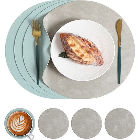 Sous-verres Ronds en Cuir Véritable Grainé, Imperméables et Résistants à la Chaleur, Double Face pour Tasses et Assiettes, Set de 4 Pièces avec Dessous de Tasse, Modèle Gris Bleu-lsw