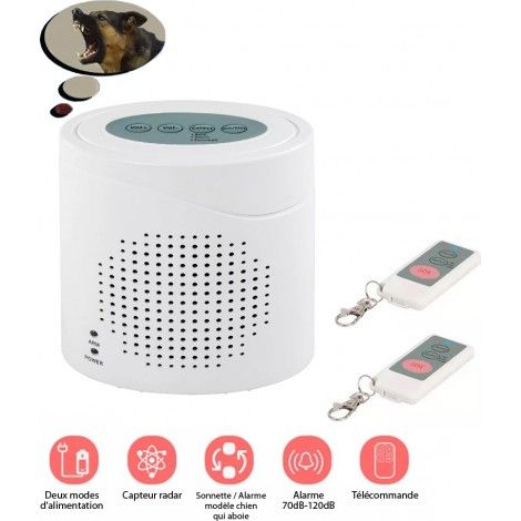 Chien de garde électrique aboyeur sans fil – Détection radar 360° – Alarme 70-120 dB – Portée télécommande 50 m – Installation facile (1/5)