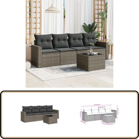 5-tlg. Garten-Sofagarnitur mit Kissen Grau Poly Rattan - Gartenmöbel - Sofagarnitur - Rattan Möbel - Outdoor Sofa - Esstisch Set