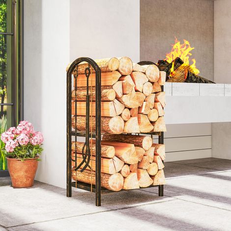 Estante para leña de interior, 43 x 30 x 74 cm, 2 niveles, con 4 utensilios para chimenea y ganchos. (1/5)