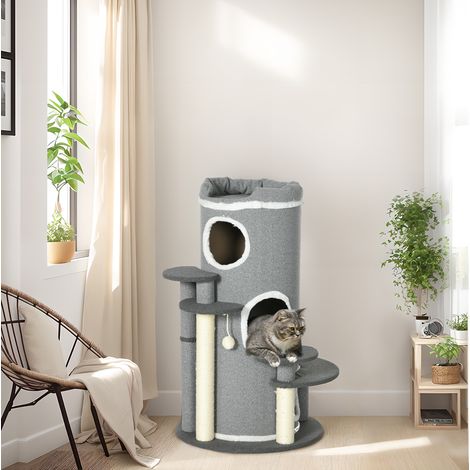 Torre rascadora para gatos 99 cm con cama, pelota de juego y plataformas, gris OKMYHOME (1/5)