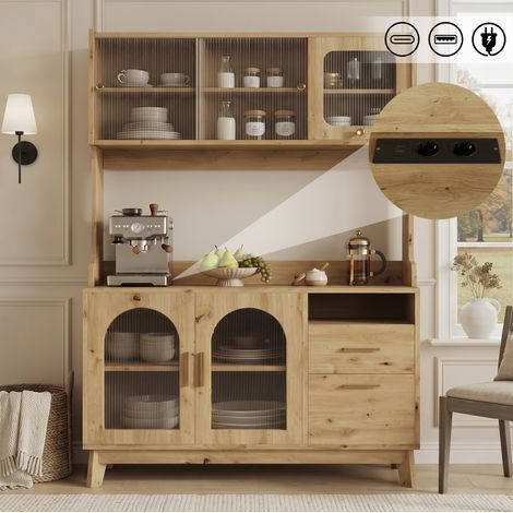 Buffet haut 120×40×178 cm en panneaux de particules, 2 prises, USB-A et USB-C, coloris bois (1/5)