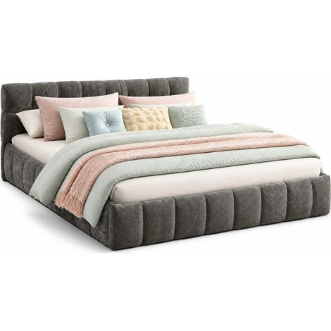 Doppelbett 160 x 200 cm aus Chenille, Holz- und Eisenrahmen, Steppdesign, ohne Matratze, Dunkelgrau (1/5)