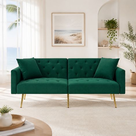Sofá biplaza de terciopelo verde con respaldo ajustable y 2 cojines (1/5)