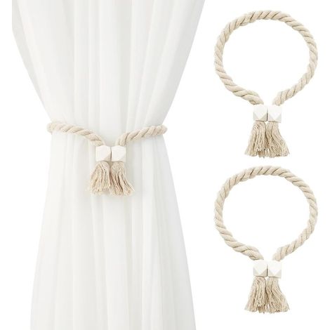 Embrasses de rideaux magnétiques, lot de 2, en coton tissé à la main, style bohème, pour la décoration de la maison, du salon, de la chambre à coucher ou du bureau (beige) (1/5)
