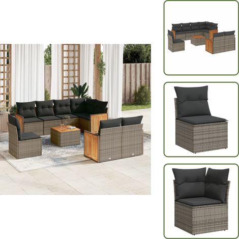 The Living Store Salon de jardin 9 pcs avec coussins gris résine tressée - Ensemble Salon De Jardin - Meuble Extérieur - Salon De Jardin Pliable - Fauteuil De Jardin - Table Basse