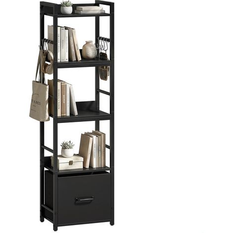 4-Tier Bookshelf, Narrow Bookcase with Drawer, 8 Hooks, Metal Frame, Shelving Unit for Living Room, Bedroom, Home Office