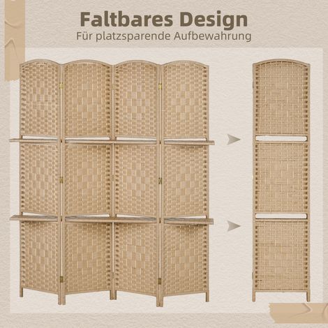 Paravent pliable 4 panneaux, 160x170 cm, séparateur d'intérieur avec 2 étagères, cloison décorative (1/4)
