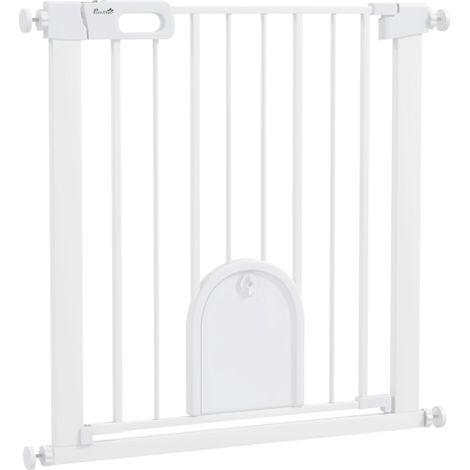75-82cm Pet Safety Gate with Cat Flap,Pressure Mounted Stair Barrier,Double Locking,White Color (1/5)