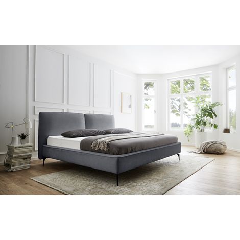 Meise Möbel Polsterbett Infinity 200x200 cm Doppelbett Bettgestell Kopfteil in Kissenoptik Webstoff Grau Metallfuß schwarz (1/5)