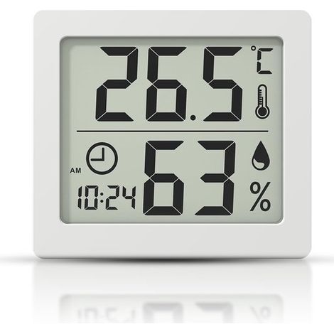 Igrometro, termometro per interni, schermo LCD da 3,1 pollici, temperatura e umidità ambiente, monitor, termoigrometro con orologio (bianco) (1/5)