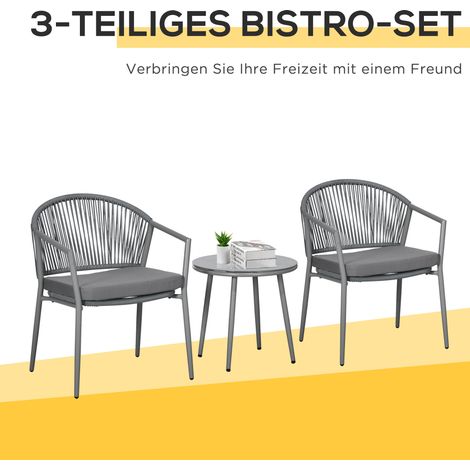 Ensemble de salon de jardin, 2 fauteuils et 1 table à plateau verre, style rotin, anti-UV et pluie, armature métal, gris