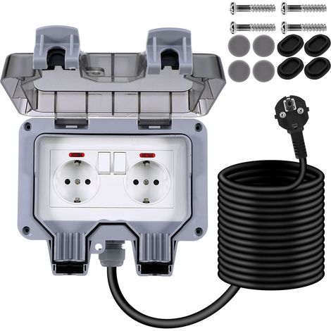 Prise Extérieure Étanche IP66 Double 16A,Câble 3m,Sans Interrupteur ,Installation Facile,Norme Sécurité,Couvercle Verrouillable (1/5)