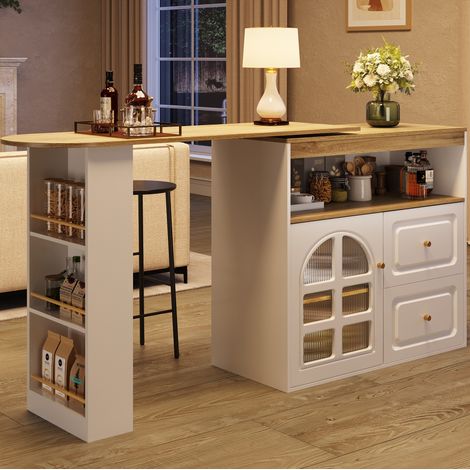 MODFU – Mobile bar girevole 360° 138-204x39x104 cm in MDF con 2 cassetti, mensole, vetro temperato, portata 60 kg e 2 colli – Bianco (1/5)