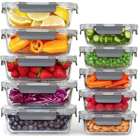 Lot de 10 boîtes repas en verre hermétiques sans BPA, avec couvercles étanches