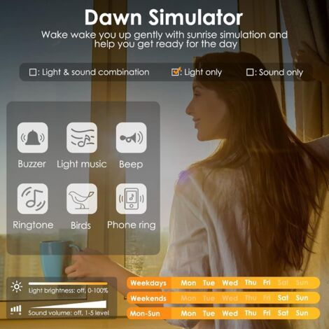 Sveglia luminosa, lampada da comodino con 10 suoni rilassanti, funzione di addormentamento, timer, display temperatura, stazione di ricarica USB, regalo ideale (1/4)