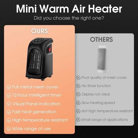 Mini radiateur soufflant enfichable, petit thermostat en céramique avec 2 vitesses de chauffage et minuterie de 12 heures et température réglable et affichage LED et protection contre la surchauffe (1/5)