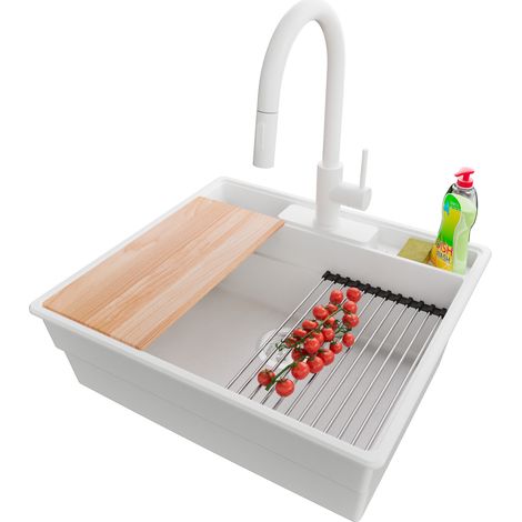PRIMAGRAN Evier Cuisine en Granit 58x53cm,Lavabo 1 bac + Robinet 40x20cm + Kit de Vidage + Accessoires, Évier à Encastrer au meuble 60cm - New York, Blanc (1/5)