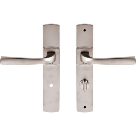 Set de Poignée de Porte sur Grande Plaque - Version à Condamnation Portes WC/SDB, Entraxe 195 mm - Système de Pose Facile - en Zamak Résistant - Finition Platine (1/5)