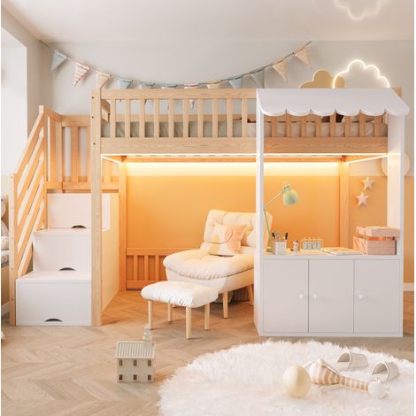 Letto a soppalco 90 x 200 cm con scala contenitore, LED multicolore, legno chiaro DESVIAE (1/5)