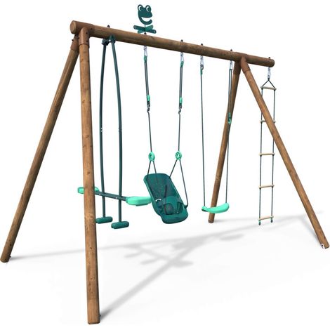 Portique en bois rond 4 agrès balançoire bébé, échelle et face à face SUZON (1/5)
