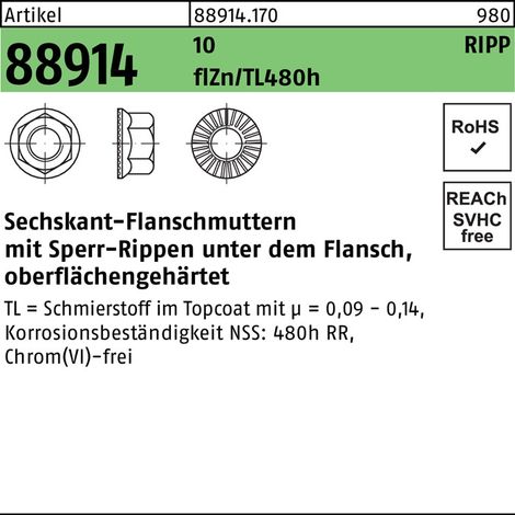 Ecrou à embase hexagonale R 88914 Nervure de blocage M16 10 flZnnc 480h-L 50p.