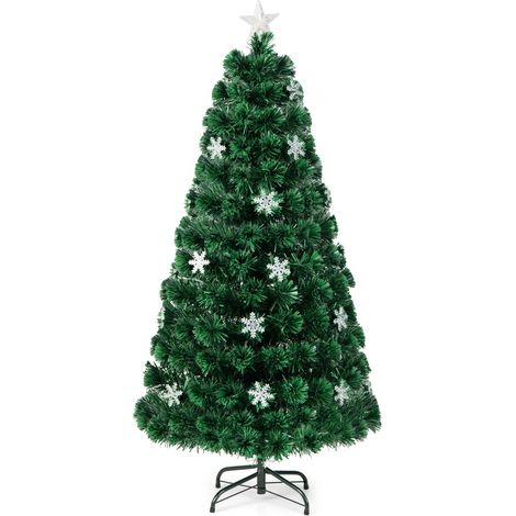 Costway Sapin de Noël Artificiel 150 cm avec Lumières LED et Pied Arbre de Noël en PVC plastique métal avec flocon de neige, Vert (1/5)