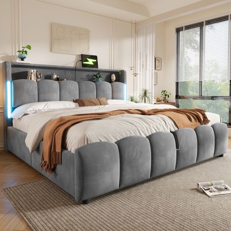 Cama baúl 180 x 200 cm con LED, USB-C y almacenaje, terciopelo gris OKMYHOME (1/5)