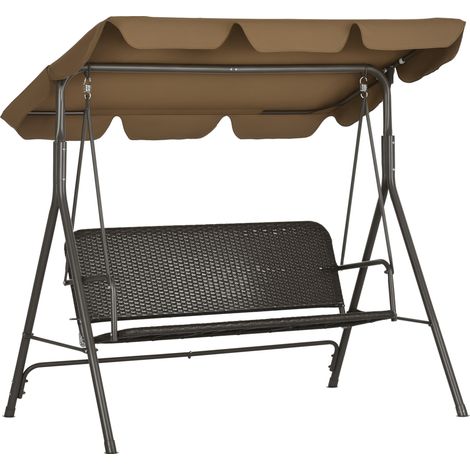 Altalena giardino 3 posti, tenda regolabile, seduta rattan PE, braccioli, 167x112x153 cm, marrone
