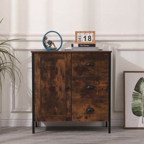 Retro Industrial Style Living Room Storage Cupboard with 1 Door and 3 Drawers,Burning Wood Colour,79x35x81cm(WxDxH)