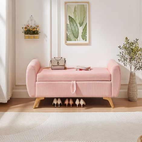 Banc pliable velours côtelé avec rangement, pieds bois, 145×51×57 cm, pour chambre, salon et entrée, rose (1/5)