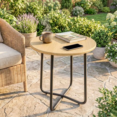 Table basse de jardin ronde en métal, pour balcon et terrasse, Ø48x51 cm, effet bois naturel (1/5)
