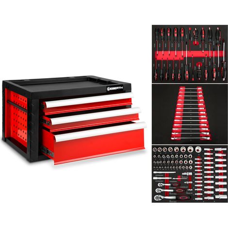 Boîte à outils rouge 3 tiroirs avec 114 pcs d’outils, verrouillable, robuste – générique (1/5)