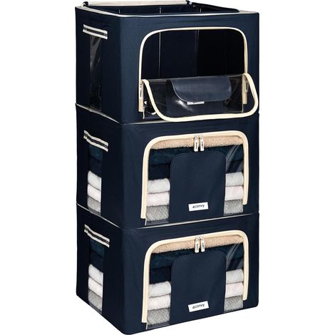 Sac de Rangement Vêtements avec Fermeture Éclair - Housse de Rangement pour Couette, Draps - Stable  Boîtes de Rangement Vêtements Empilables avec Cadre Métallique - Pliables - 3x66L (1/5)