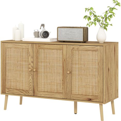 Buffet salon 120x40x75 cm avec portes en rotin et étagère réglable, bois naturel (1/5)