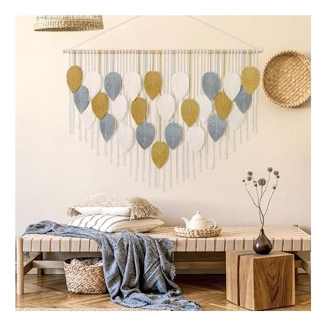 Tapisserie Tissée Tenture Murale Boho Feuille Plume Décoration Chambre Salon 130 x 85 cm Kaki Gris (1/4)