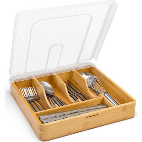 Range-couverts avec couvercle pour tiroirs en bambou - Range-couverts pour la cuisine - Pour cuillères, fourchettes, couteaux, boîte à couverts - Pour camping - 30 x 30 x 7 cm (1/5)