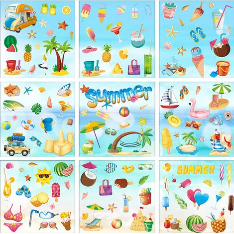9 Feuilles Stickers fenêtre, Réutilisables, Motifs été Hawaï, Gnome plage piscine, Décoration maison magasin (1/5)