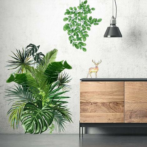 Ahlsen Pegatinas de pared con plantas verdes, pegatinas de plantas de pared nórdicas tropicales, hojas de Monstera, jardín, decoración pequeña y fresca para el hogar