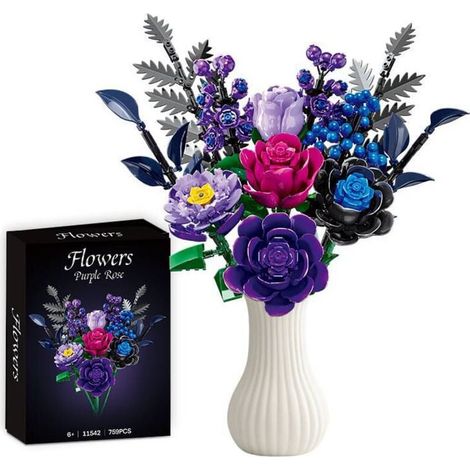 Ensemble de construction de roses violettes - convient aux adultes et aux femmes - idéal pour Halloween, Noël et autres fêtes fleurs et décorations artificielles. (Vase non inclus)