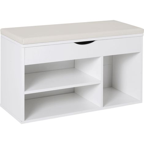 Banc a chaussures meuble de rangement gain de place avec siege rembourre rabattable pour entree bois 80x30x47cm Blanc