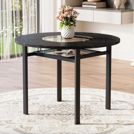 Tavolo da pranzo rotondo, 100 cm, adatto per 2-4 persone, con piano e ripiano in vetro, finitura effetto legno, MDF, gambe in metallo, H76 cm, nero (1/5)