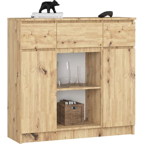 Commode AKORD K100 Chêne Artisan 101 cm 2 portes 3 tiroirs façade Chêne Artisan 6 étagères 101x35x98 cm (1/5)