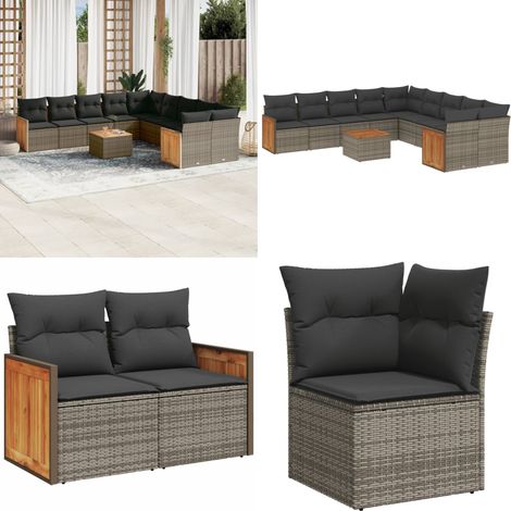Salon de jardin 11 pcs avec coussins gris résine tressée - Ensemble Salon De Jardin - Meuble Extérieur - Salon De Jardin Pliable - Mobilier De Jardin - Set Salon De Jardin - Home & Living (1/5)