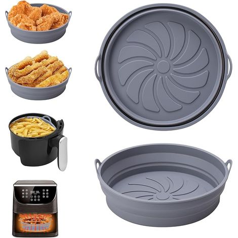 Silikon-Heißluftfritteusenform, 2-teiliges Zubehörset für Heißluftfritteusen, wiederverwendbarer Heißluftfritteusenkorb, flacher runder faltbarer Topfeinsatz für Heißluftfritteuse, Mikrowelle, Backofe (1/5)