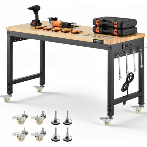 VEVOR Etabli Atelier Garage 1220 mm Table de Travail sur Roulettes a Hauteur Reglable, Capacite de Charge 907,2 kg avec Prise de Courant, Panneau Perfore, Etabli Robuste en Chene pour Bureau, Maison (1/5)