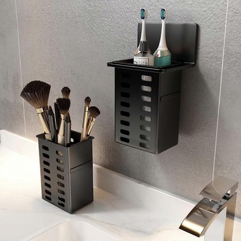 Porte-dentifrice mural adhésif lot de 2 support de rangement salle de bain organisateur pour brosses à dents noir (1/4)