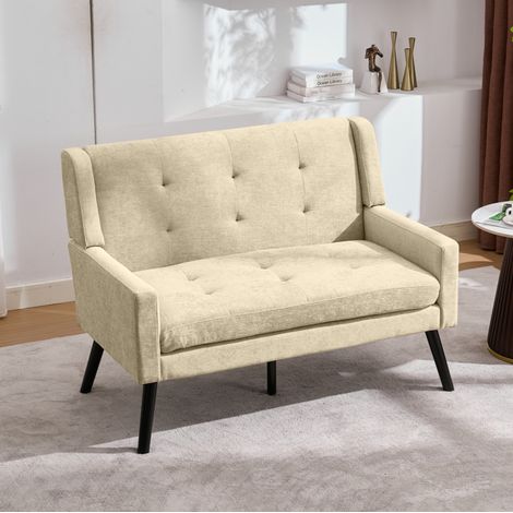 Banco tapizado de 2 plazas en lino beige con patas de madera maciza antideslizantes,120x75x88 cm (1/5)