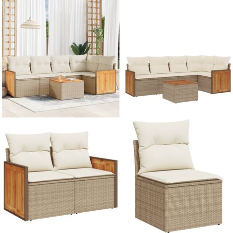 6-tlg. Garten-Sofagarnitur mit Kissen Beige Poly Rattan - Gartenmöbel Set - Rattan Möbel - Outdoor Lounge - Esstisch - Sofasatz - Home & Living (1/5)