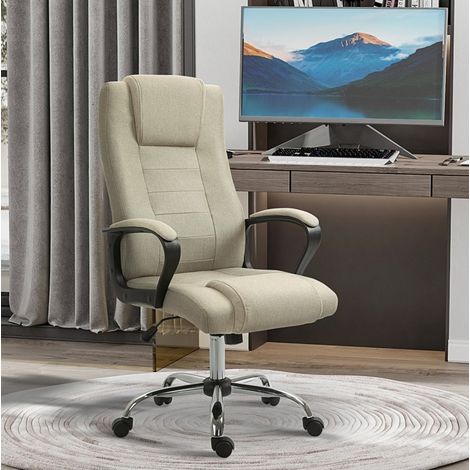 Sedia da ufficio in poliestere beige, altezza regolabile, funzione dondolo, ruote girevoli, 62x76x110-119 cm
